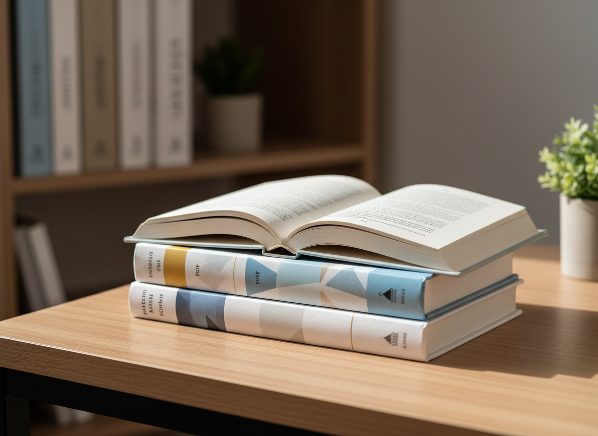 A neat stack of hardback self-help books with elegant, minimalist covers in soft blues, whites, and muted golds, arranged on a light oak desk. A single open book rests on top, its crisp cream pages filled with clean, readable text and subtle chapter headings. In the background, a blurred bookshelf holds more personal development titles and a small, leafy plant. Soft morning sunlight filters through an unseen window, creating gentle highlights on the book spines and subtle shadows along the desk edge. Photographic realism, shot at eye level with a shallow depth of field, conveys a professional, calm, and inspiring atmosphere ideal for continuous education and growth.
