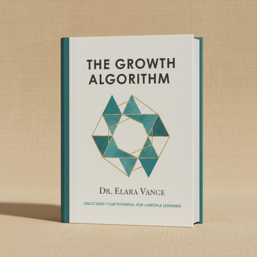 A close-up of a single, beautifully designed self-help book standing upright against a neutral, softly textured background. The cover is clean and modern, featuring a simple geometric motif in teal and gold on a matte white surface, with crisp, professional typography for the title and author name. Subtle studio lighting from the right creates a refined highlight along the book’s spine and a delicate shadow to the left, enhancing the book’s solid, tangible presence. The composition uses ample negative space, with the book placed slightly off-center following the rule of thirds. Photographic realism and a minimalist aesthetic evoke authority, clarity, and trustworthiness, perfectly suited to an expert in continuous education.