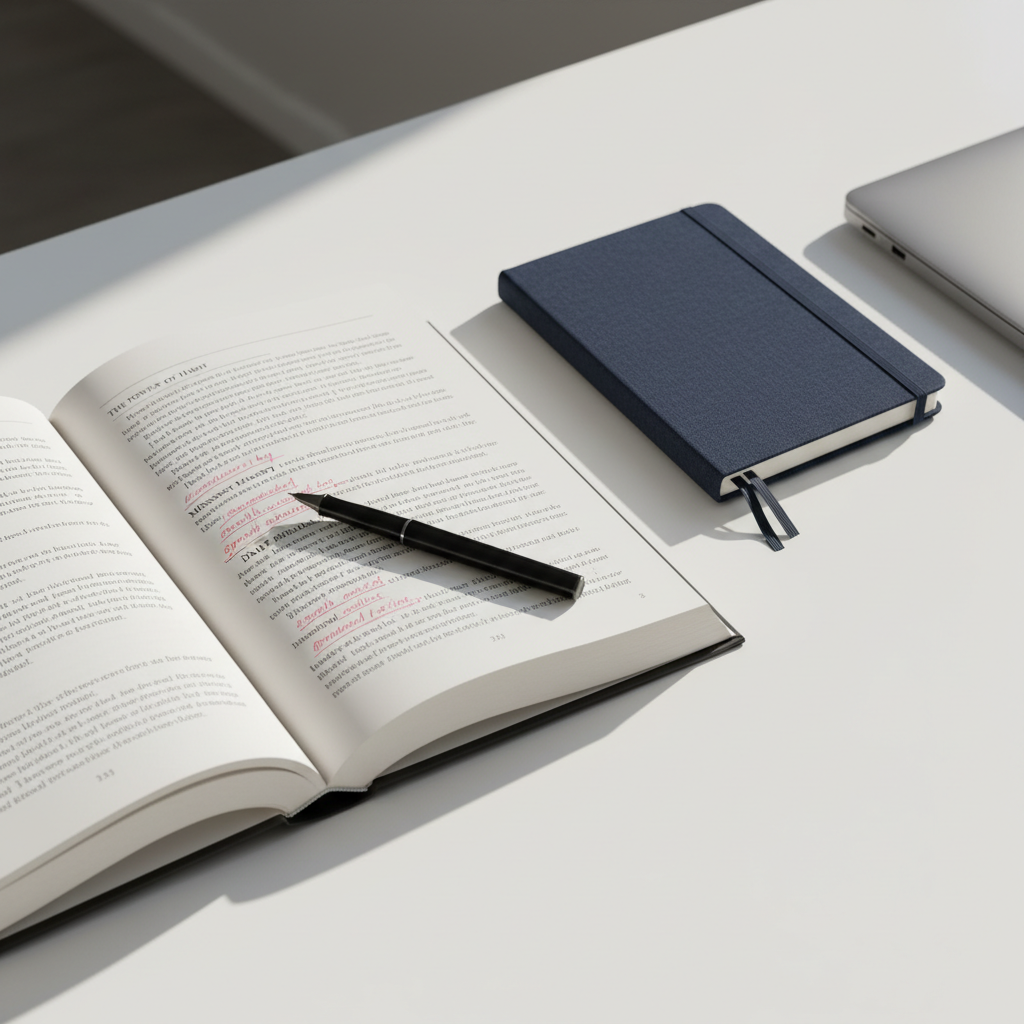 An open hardcover self-help book lying flat on a smooth white desk, a fine-point pen placed neatly along the inner margin as if marking an important insight. The book’s pages feature structured headings, tidy paragraphs, and a few underlined key phrases. Beside it, a slim notebook with a textured navy cover sits ready for notes, and a closed laptop with a brushed aluminum finish is partially visible. Soft, diffused daylight from the left casts clear yet gentle shadows, emphasizing clarity and focus. Captured from a slightly elevated angle in photographic realism, the clean, modern composition feels intentional, professional, and dedicated to personal development and reflective learning.